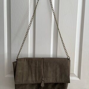 Foldover Suede Shoulder Bag with Chain Strap in Olive